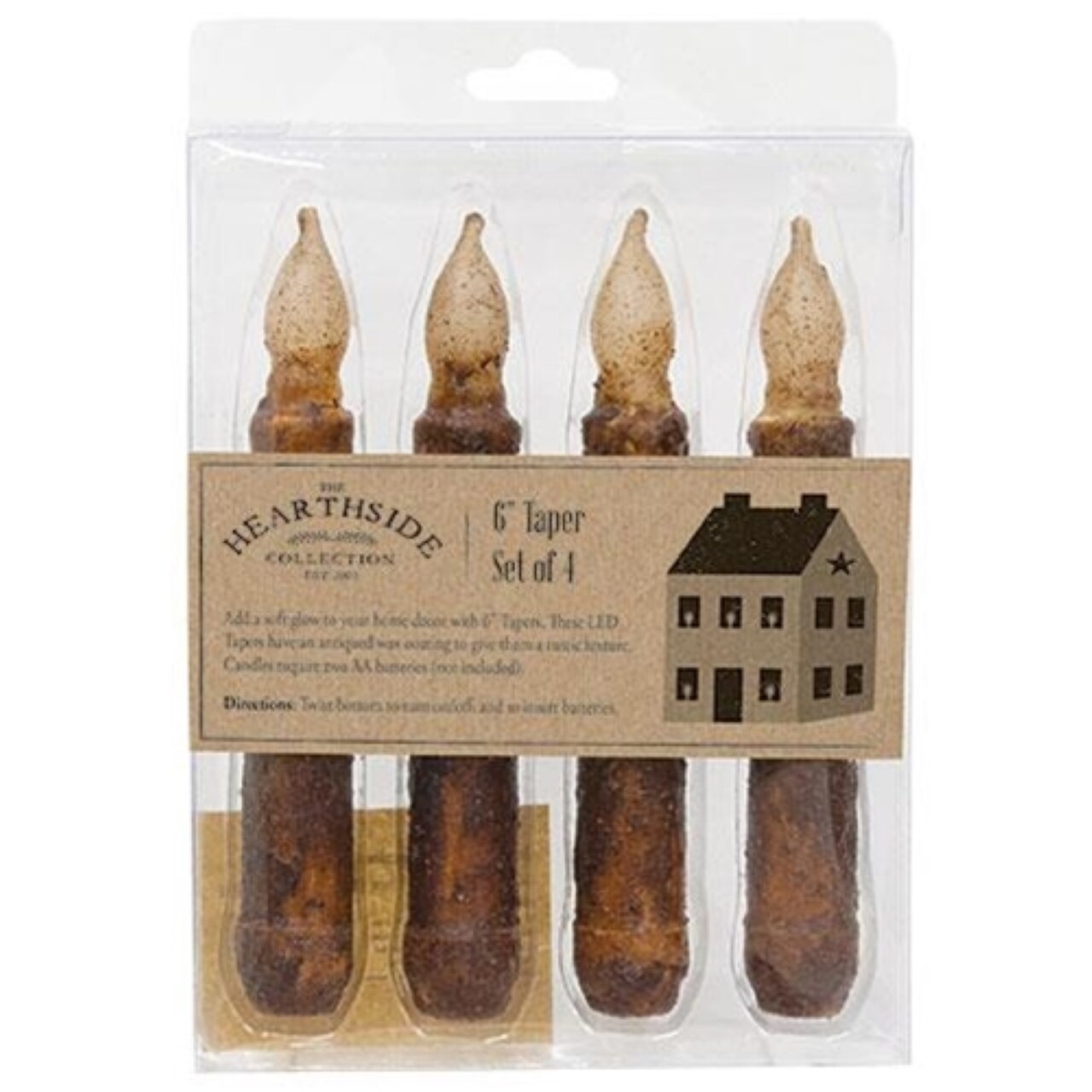 Set of 4 Burnt Mustard LED Taper Candles with Antiqued Wax and Flickering Glow, Rustic Home Decor